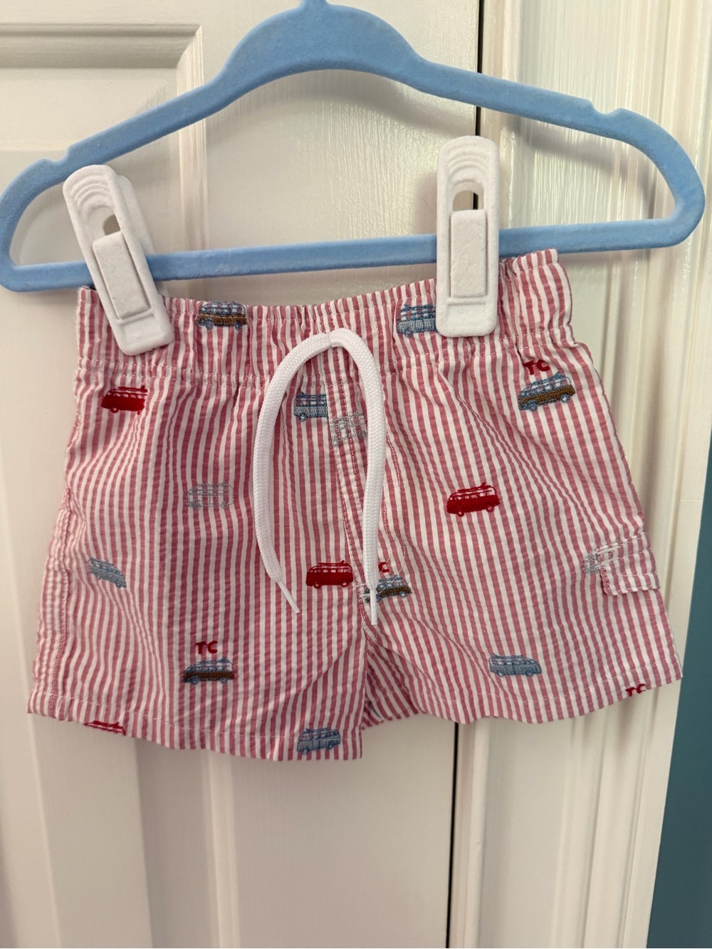 Tartine et Chocolat Kids Red Striped Embroidered Car Shorts Swim Trunks 1
